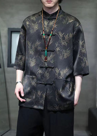 Chinese Style Black Button Pockets Ice Silk Men Shirt Summer YT090 Men-Silk-MENSTP240721