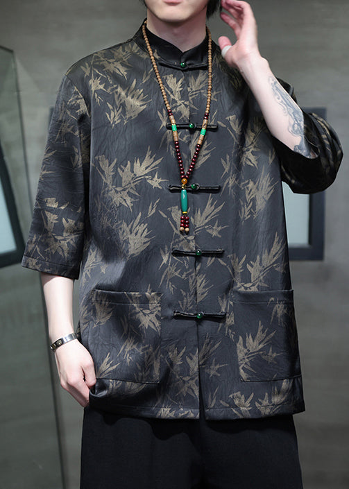 Chinese Style Black Button Pockets Ice Silk Men Shirt Summer YT090 Men-Silk-MENSTP240721