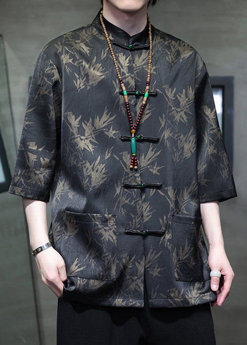 Chinese Style Black Button Pockets Ice Silk Men Shirt Summer YT090 Men-Silk-MENSTP240721