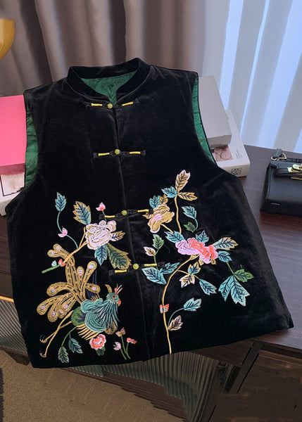 Chinese Style Black Embroidered Button Silk Velour Waistcoat Sleeveless QO064 MZF-CTS241008