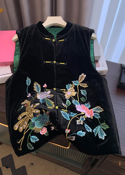 Chinese Style Black Embroidered Button Silk Velour Waistcoat Sleeveless QO064 MZF-CTS241008