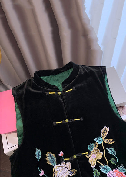 Chinese Style Black Embroidered Button Silk Velour Waistcoat Sleeveless QO064 MZF-CTS241008