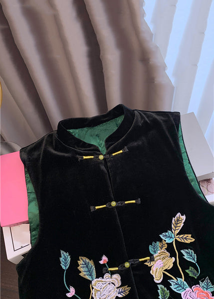 Chinese Style Black Embroidered Button Silk Velour Waistcoat Sleeveless QO064 MZF-CTS241008
