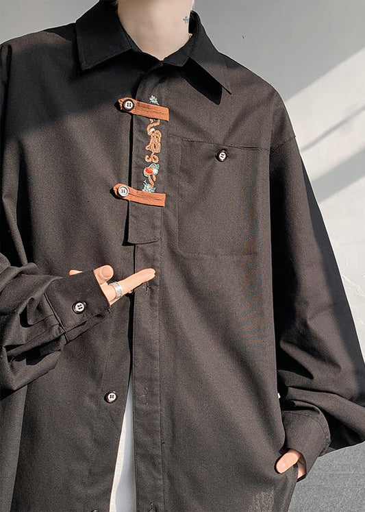 Chinese Style Black Embroideried Mens Shirts Fall RO015 ABC