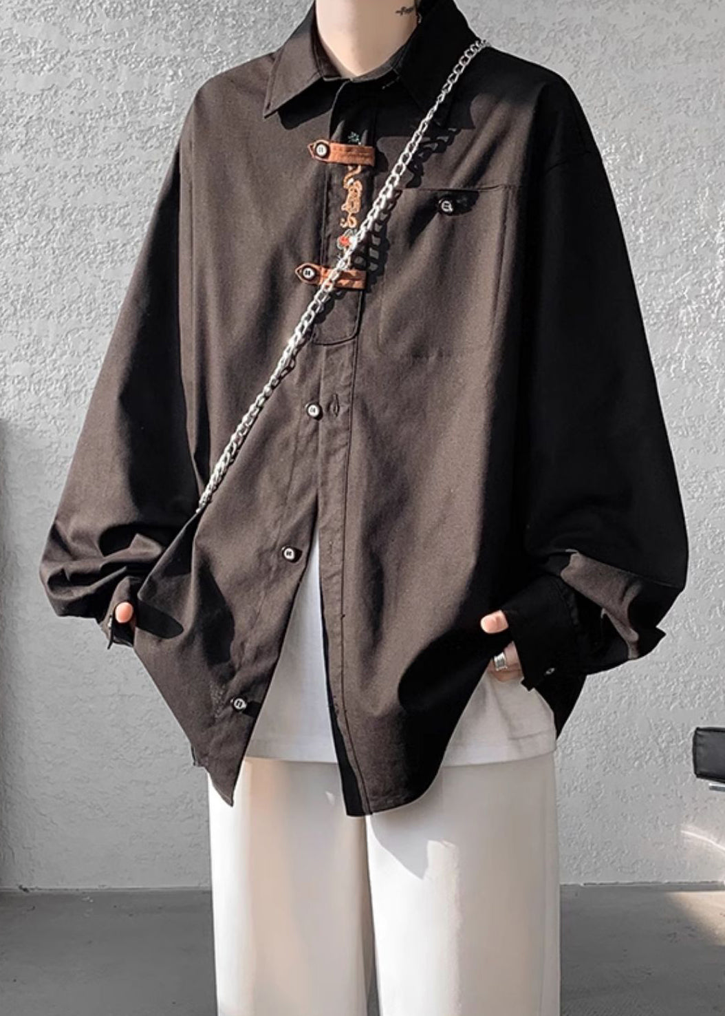 Chinese Style Black Embroideried Mens Shirts Fall RO015 ABC