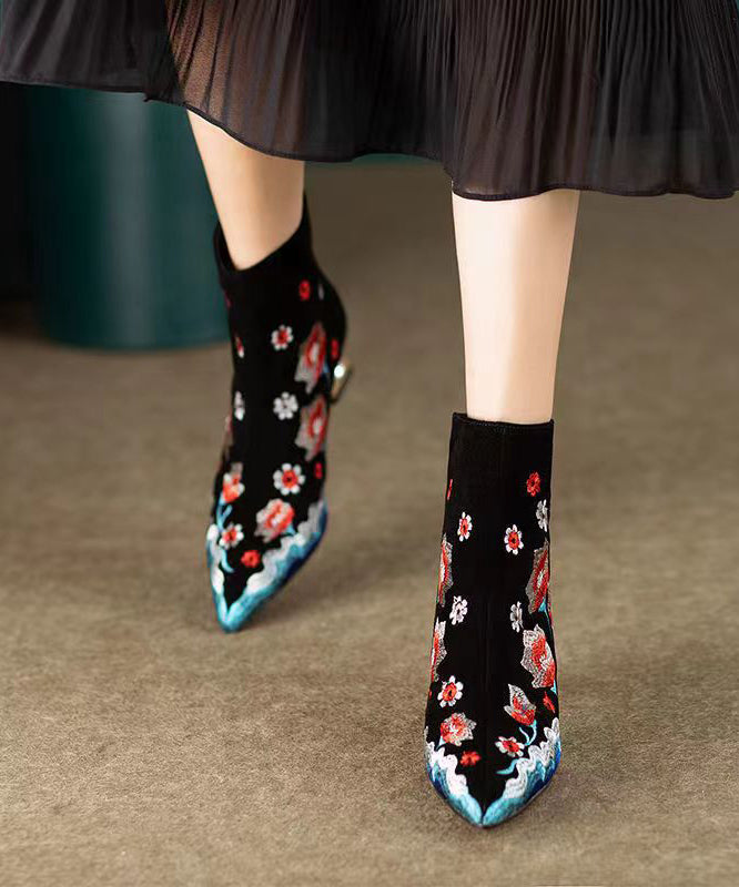 Chinese Style Black Flower Embroidered Pointed Toe Short Boots CZ1018 Ada Fashion