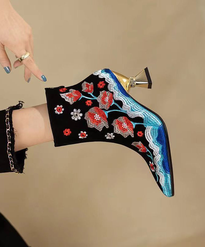 Chinese Style Black Flower Embroidered Pointed Toe Short Boots CZ1018 Ada Fashion