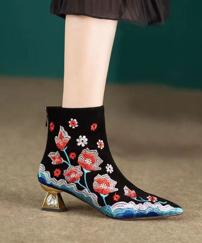 Chinese Style Black Flower Embroidered Pointed Toe Short Boots CZ1018 Ada Fashion