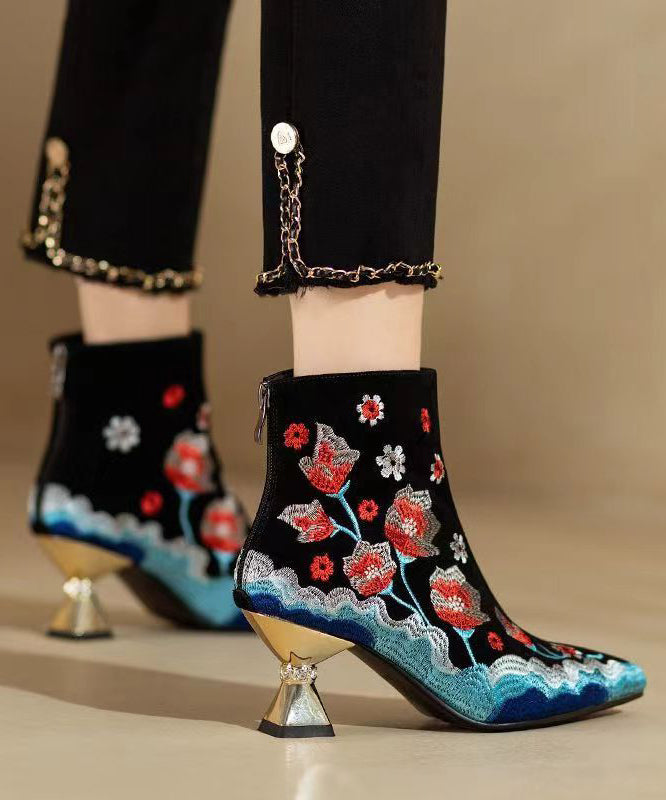 Chinese Style Black Flower Embroidered Pointed Toe Short Boots CZ1018 Ada Fashion