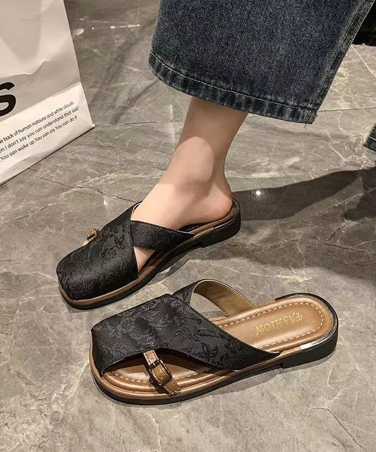 Chinese Style Black Hollow Out Print Satin Slide Sandals AP1034 shoe-LT240905