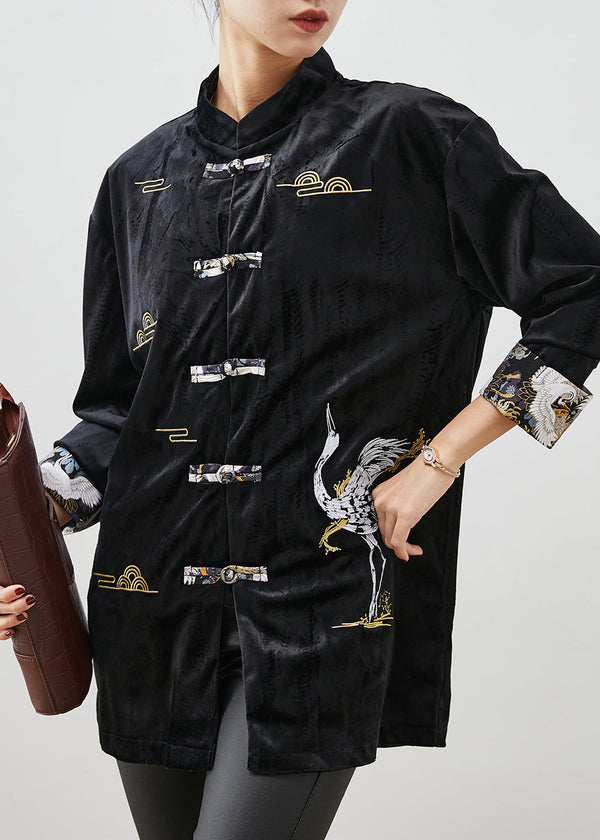 Chinese Style Black Mandarin Collar Embroidered Velour Shirts Spring YU1056 Ada Fashion