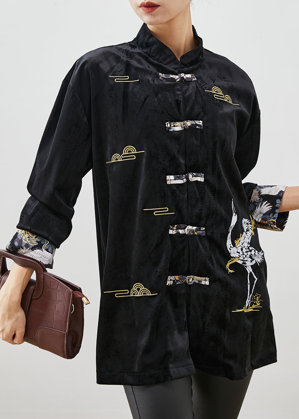 Chinese Style Black Mandarin Collar Embroidered Velour Shirts Spring YU1056 Ada Fashion