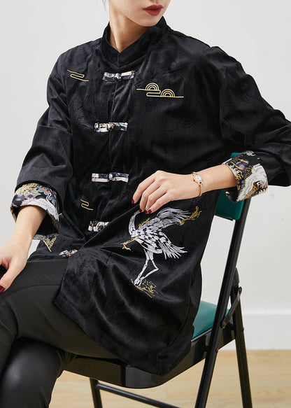 Chinese Style Black Mandarin Collar Embroidered Velour Shirts Spring YU1056 Ada Fashion