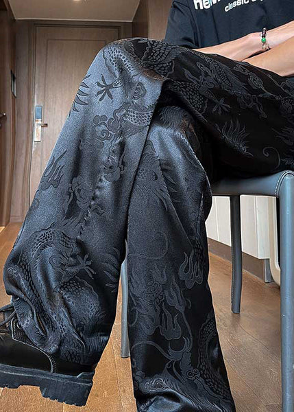 Chinese Style Black Pockets Jacquard Ice Silk Men Pants Summer YT052 Men-Silk-MENP240721