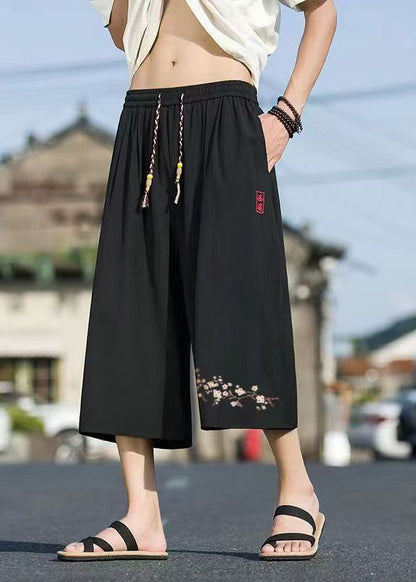 Chinese Style Black Pockets Print Elastic Waist Men Crop Pants Summer SA051 Men-casual-MENCP240726