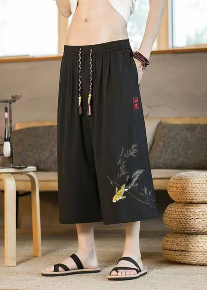 Chinese Style Black Pockets Print Elastic Waist Men Crop Pants Summer SA051 Men-casual-MENCP240726