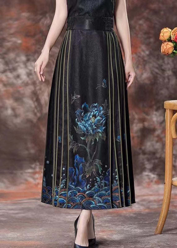 Chinese Style Black Print High Waist Silk Skirts Spring QQ1043 Ada Fashion