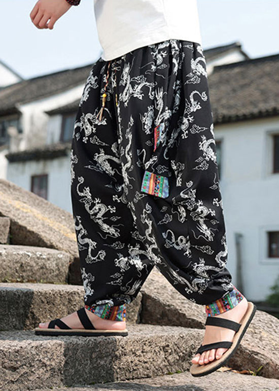 Chinese Style Black Print Ice Silk Loose Men's Lantern Pants Summer YT059 Men-Silk-MENP240721