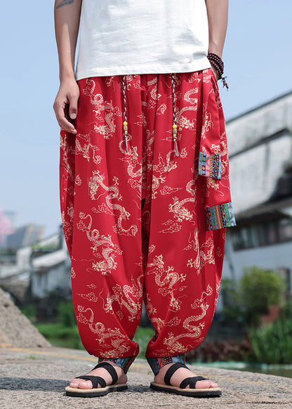 Chinese Style Black Print Ice Silk Loose Men's Lantern Pants Summer YT059 Men-Silk-MENP240721