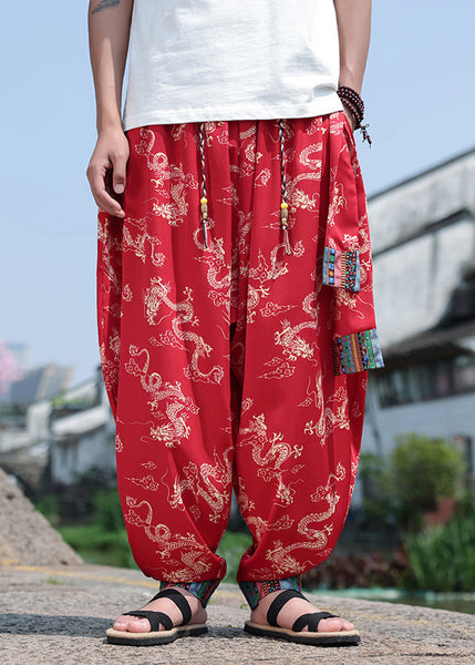 Chinese Style Black Print Ice Silk Loose Men's Lantern Pants Summer YT059 Men-Silk-MENP240721