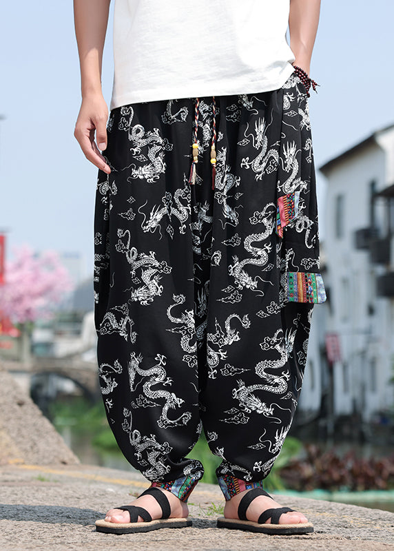 Chinese Style Black Print Ice Silk Loose Men's Lantern Pants Summer YT059 Men-Silk-MENP240721