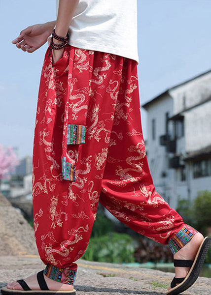 Chinese Style Black Print Ice Silk Loose Men's Lantern Pants Summer YT059 Men-Silk-MENP240721