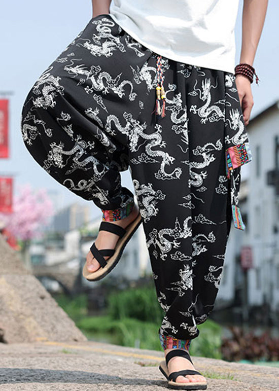 Chinese Style Black Print Ice Silk Loose Men's Lantern Pants Summer YT059 Men-Silk-MENP240721