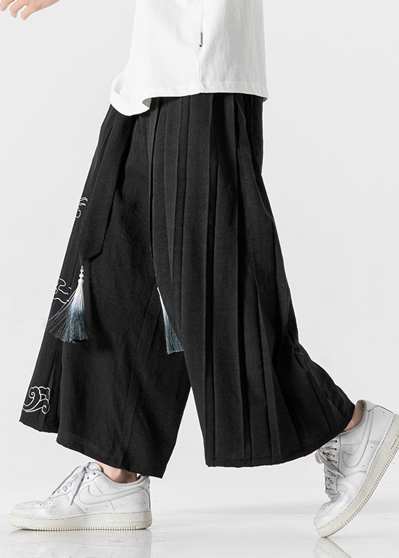 Chinese Style Black Ribbon Print Wrinkled Linen Wide Leg Pants Summer SA048 Men-casual-MENCP240726