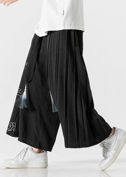 Chinese Style Black Ribbon Print Wrinkled Linen Wide Leg Pants Summer SA048 Men-casual-MENCP240726