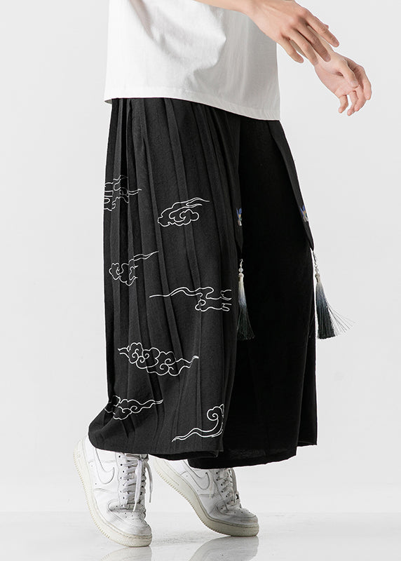 Chinese Style Black Ribbon Print Wrinkled Linen Wide Leg Pants Summer SA048 Men-casual-MENCP240726