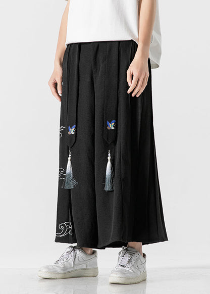 Chinese Style Black Ribbon Print Wrinkled Linen Wide Leg Pants Summer SA048 Men-casual-MENCP240726