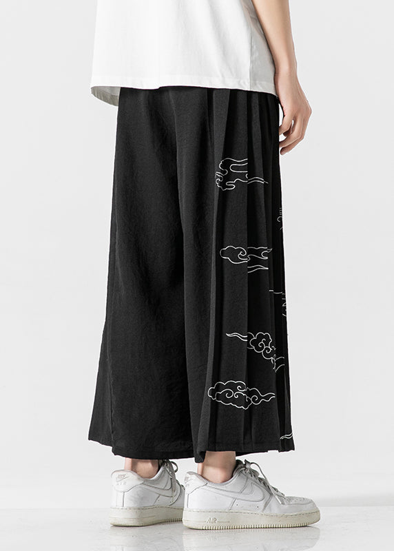 Chinese Style Black Ribbon Print Wrinkled Linen Wide Leg Pants Summer SA048 Men-casual-MENCP240726