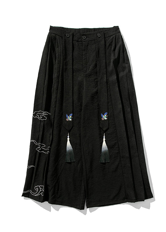 Chinese Style Black Ribbon Print Wrinkled Linen Wide Leg Pants Summer SA048 Men-casual-MENCP240726