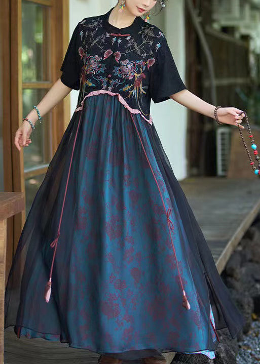 Chinese Style Black Stand Collar Embroidered Patchwork Linen Silk Dress Summer WW1014 Ada Fashion