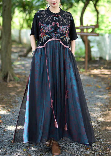 Chinese Style Black Stand Collar Embroidered Patchwork Linen Silk Dress Summer WW1014 Ada Fashion