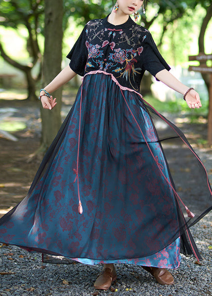 Chinese Style Black Stand Collar Embroidered Patchwork Linen Silk Dress Summer WW1014 Ada Fashion