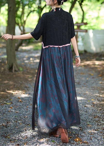 Chinese Style Black Stand Collar Embroidered Patchwork Linen Silk Dress Summer WW1014 Ada Fashion