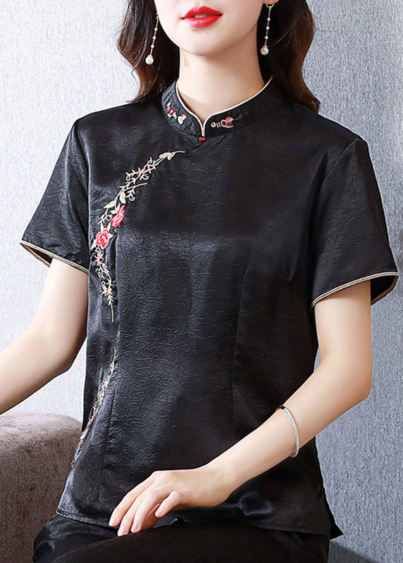 Chinese Style Black Stand Collar Embroidered Silk Top Summer BB033 Hawaii-STP240622