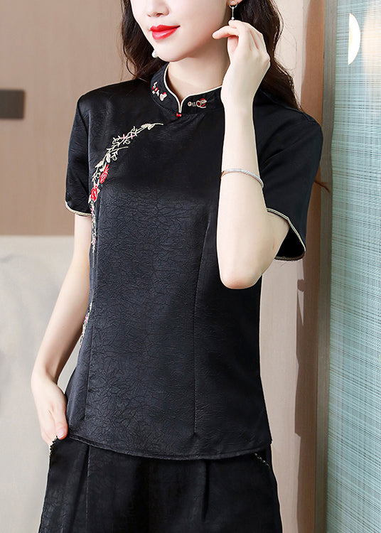 Chinese Style Black Stand Collar Embroidered Silk Top Summer BB033 Hawaii-STP240622