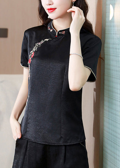 Chinese Style Black Stand Collar Embroidered Silk Top Summer BB033 Hawaii-STP240622