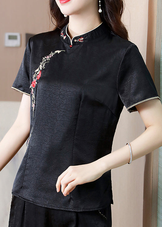 Chinese Style Black Stand Collar Embroidered Silk Top Summer BB033 Hawaii-STP240622