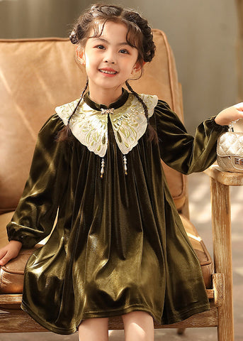 Chinese Style Black Stand Collar Embroideried Silk Velour Girls Mid Dresses Spring TV038