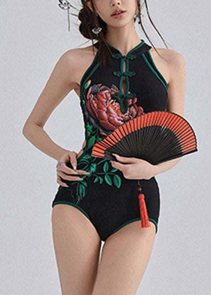 Style Butto Print Black Collar Chinese Bodysui Stand FashionChic