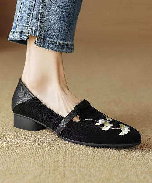 Chinese Style Black Suede Embroidered Chunky Loafer Shoes YC029 ABC