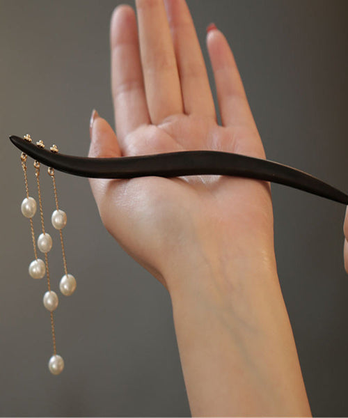 Chinese Style Black Wooden Pearl Tassel Wooden Hairpin PO053 JEW-HAI240729