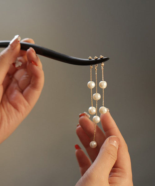 Chinese Style Black Wooden Pearl Tassel Wooden Hairpin PO053 JEW-HAI240729