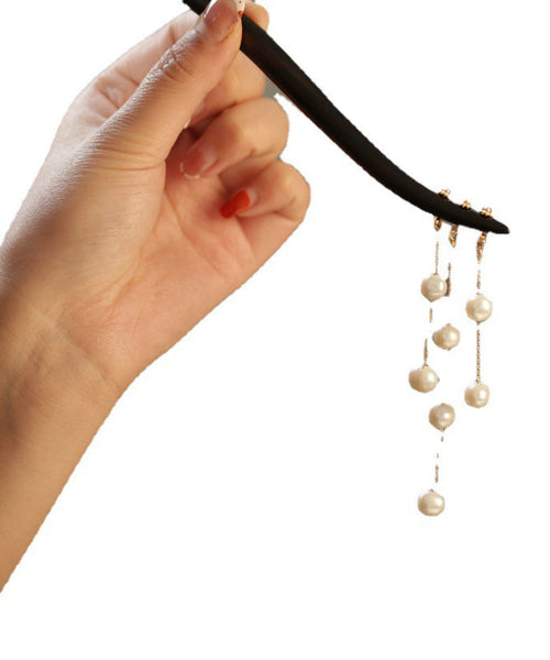 Chinese Style Black Wooden Pearl Tassel Wooden Hairpin PO053 JEW-HAI240729