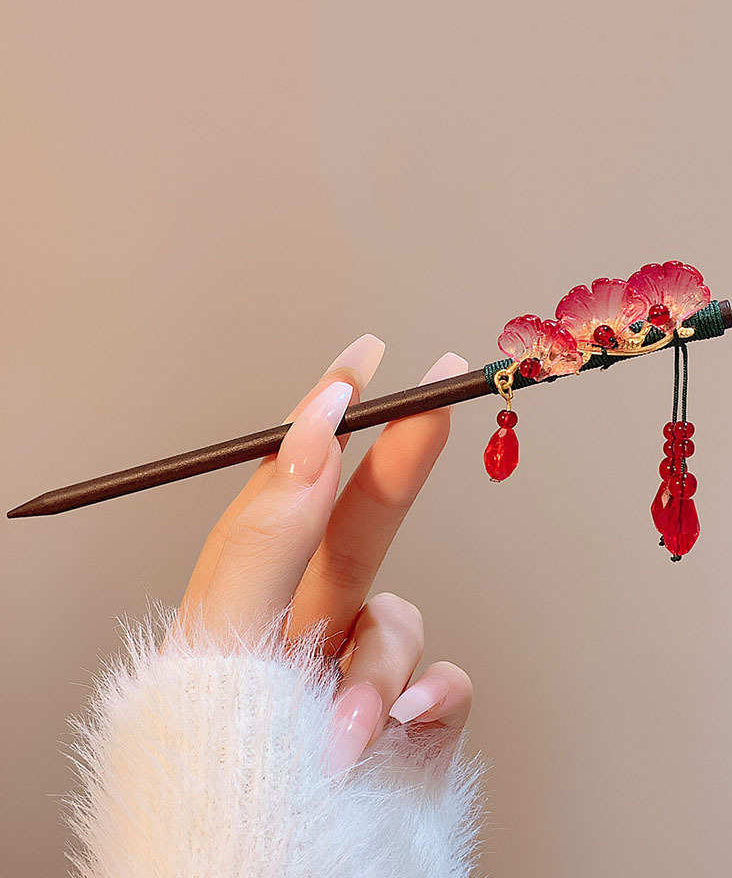 Style Hairpin Floral Woodiness Tassel Chinese Black Alloy FashionChic