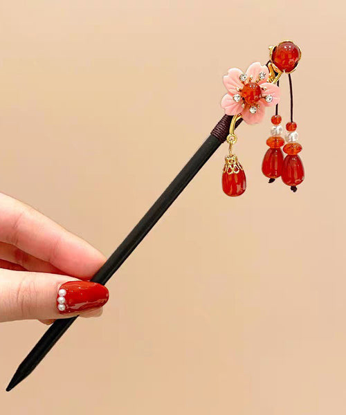 Style Hairpin Floral Woodiness Tassel Chinese Black Alloy FashionChic