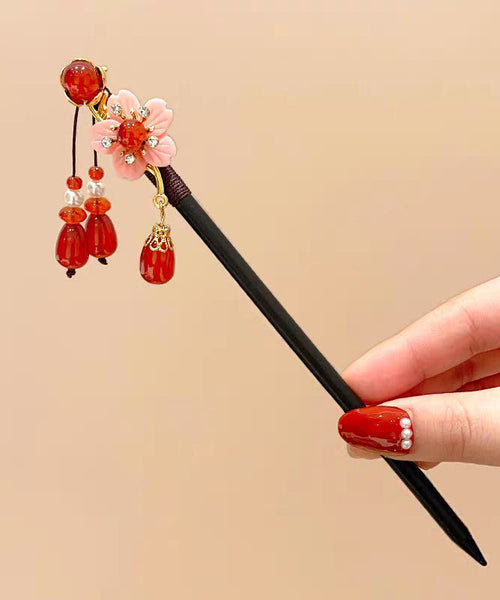 Style Hairpin Floral Woodiness Tassel Chinese Black Alloy FashionChic